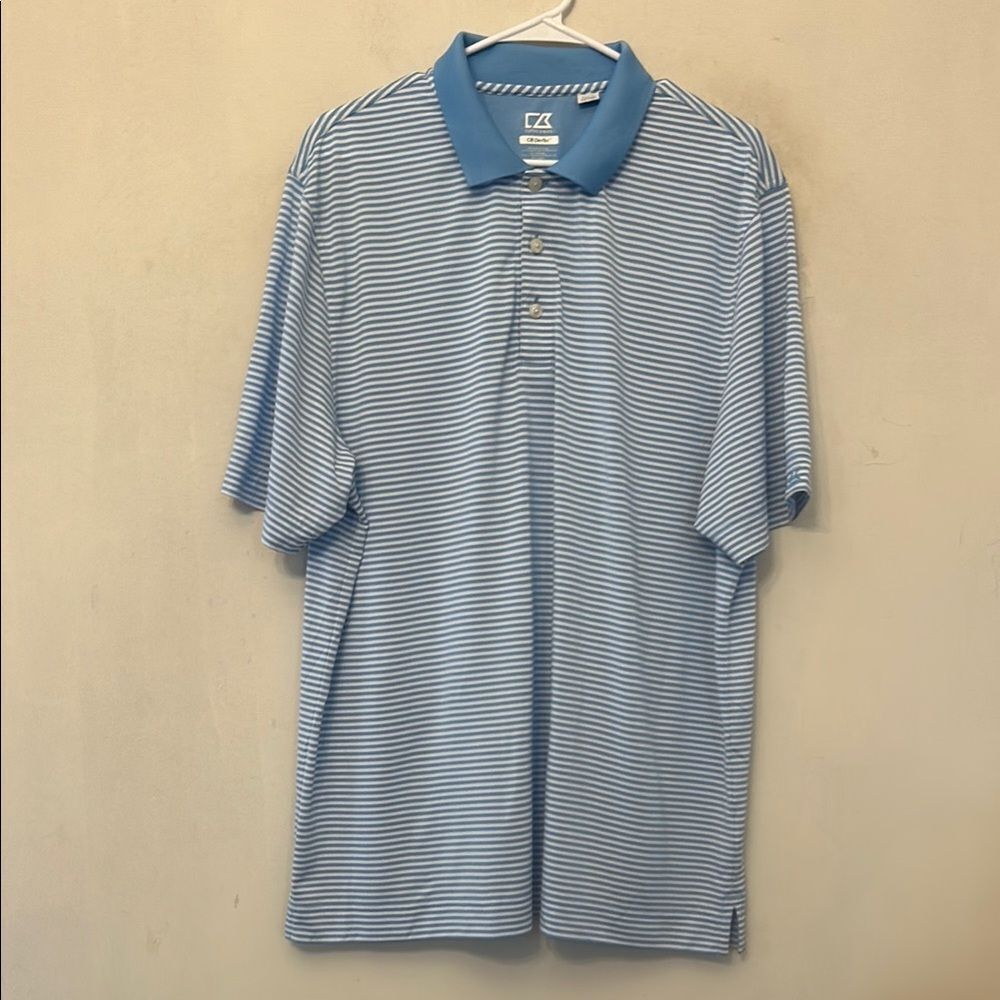 Cutter & Buck Men's Blue Striped Moisture Wicking Polo Shirt Size XL EUC